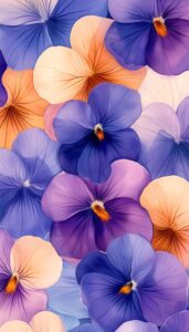 Illustration of purple, orange, and peach pansies with overlapping petals, designed as a fall-themed phone wallpaper.