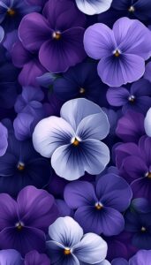 Illustration of purple and violet pansies with soft light and dark shading, used as a fall-themed phone wallpaper background.