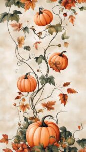 Artistic rendering of vibrant orange pumpkins growing on twisting vines, interspersed with lush green leaves and scattered autumnal leaves in shades of orange and red, set against a soft, textured beige background.