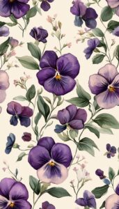 Watercolor-style illustration of violet pansies with soft green leaves and light pink flowers, designed as a fall-themed phone wallpaper.