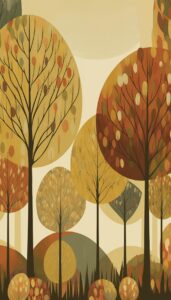 Stylized illustration of a forest scene with tall trees adorned in circular, patterned leaves in a spectrum of fall colors, set against a backdrop of soft, rolling hills in muted earth tones.