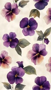 Watercolor-style illustration of purple and pink pansies with soft green leaves, designed as a fall-themed phone wallpaper.