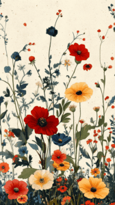 Wildflower garden with red, yellow, and blue flowers on a neutral background for iPhone wallpaper and phone background.