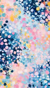 Colorful abstract dots in pink, blue, yellow, and white on a light background for iPhone wallpaper or phone background.