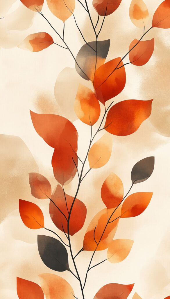 Fall branches with orange and brown leaves, set against a beige background. A free iPhone wallpaper suitable for a fall phone background or lock screen.