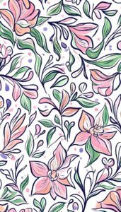 Colorful hand-drawn floral pattern with pink and green hues on a white background, suitable for iPhone wallpaper.