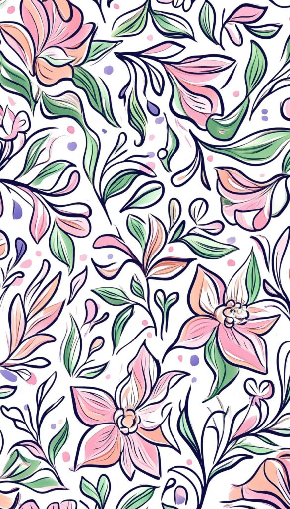 Colorful hand-drawn floral pattern with pink and green hues on a white background, suitable for iPhone wallpaper.