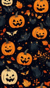 Halloween wallpaper with pumpkins, black cats, bats, and fall leaves on a dark background for iPhone.