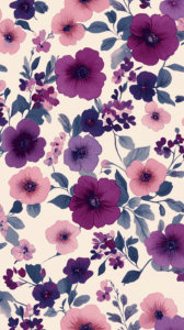 Purple and pink floral pattern with large, detailed flowers on a light background.